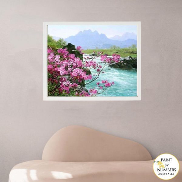 PBNAU - WHITE FRAME (Pink Flowers Rocky Stream)