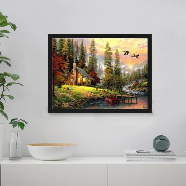 Cabin by the woods by a river at sunset Cabin by the woods Paint By Numbers